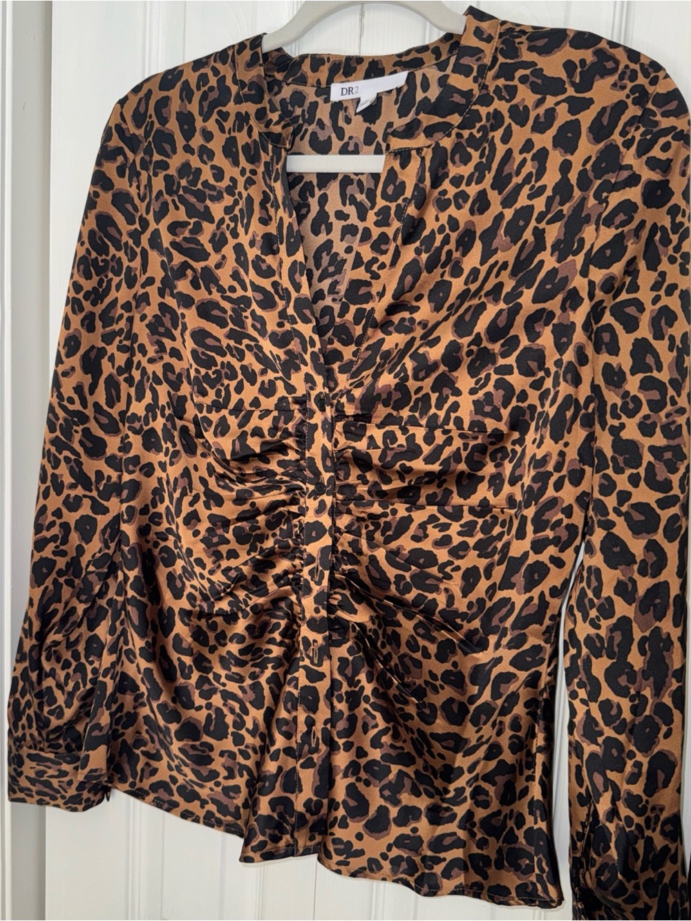 DR2 Leopard Ruched V-Neck Top in Brown and Black